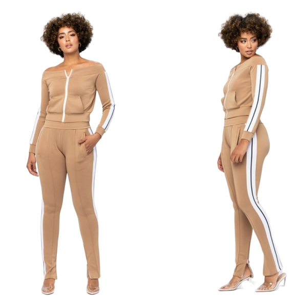 off the shoulder tracksuit jumpsuit